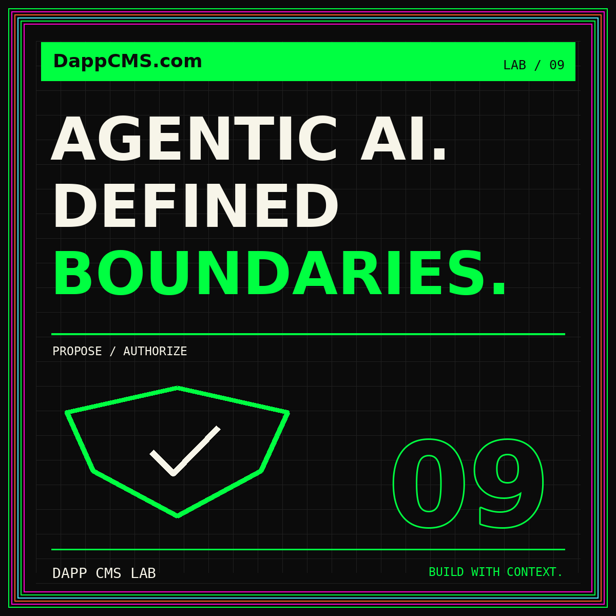 Agentic AI Defined Boundaries neon typography with a shield and scoped nodes, framed by multicolor pinstripes.