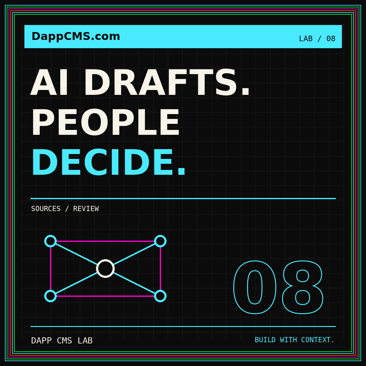 AI Drafts People Decide neon card with a connected neural node symbol and bright pinstripe border.