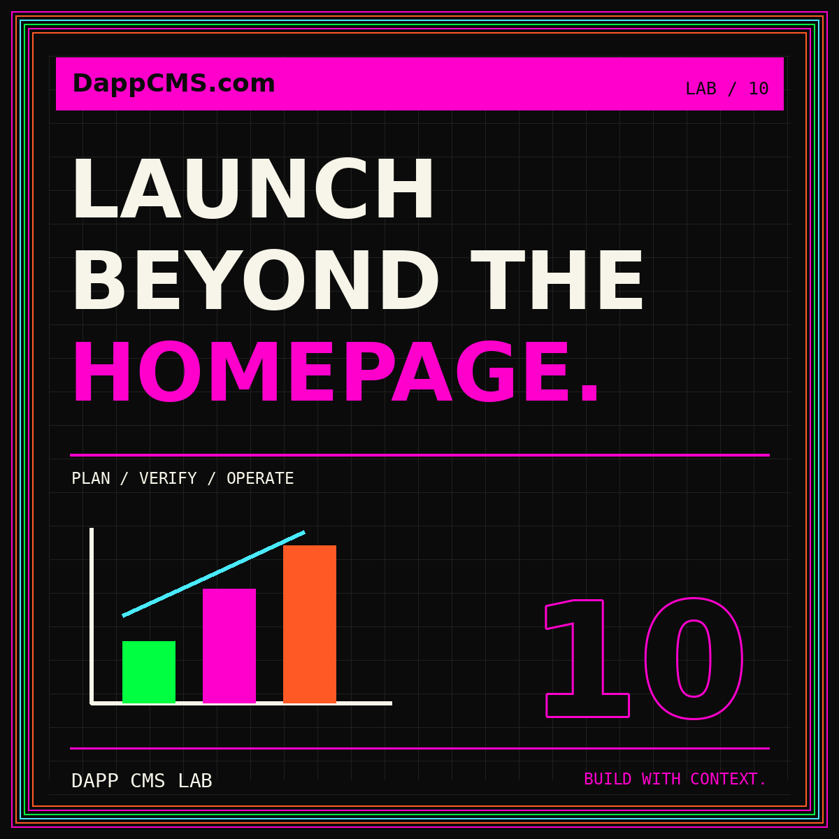 Launch Beyond the Homepage neon card with three cost-planning bars and a multicolor pinstripe border.