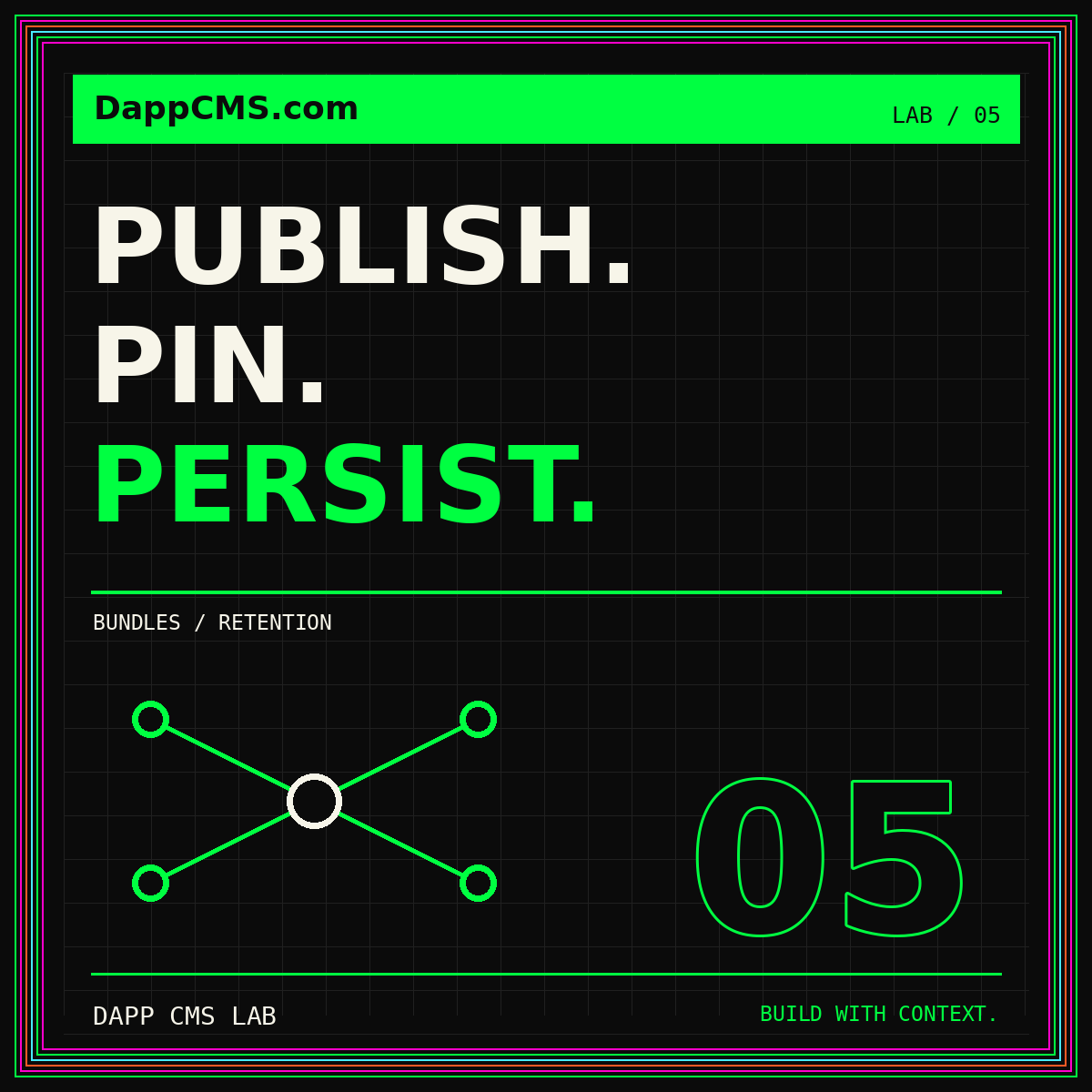 Publish Pin Persist neon typography with connected storage nodes and a green, pink, orange pinstripe frame.