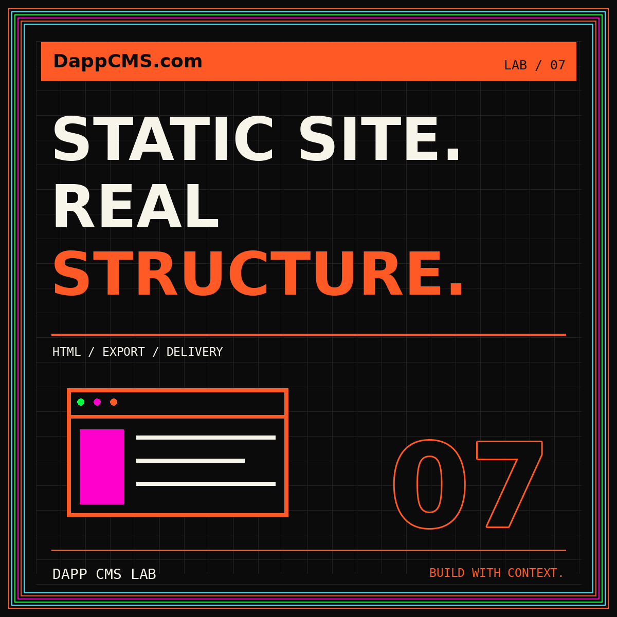 Static Site Real Structure neon card with a wireframe browser and multicolor pinstripe frame.